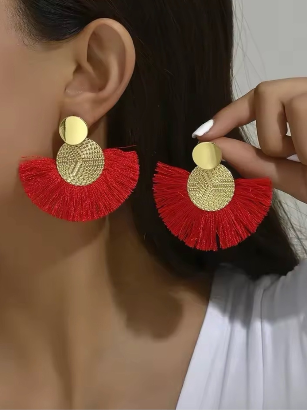 Red Tassel Statement Earrings 
Gold Circle Drop | Bold & Chic